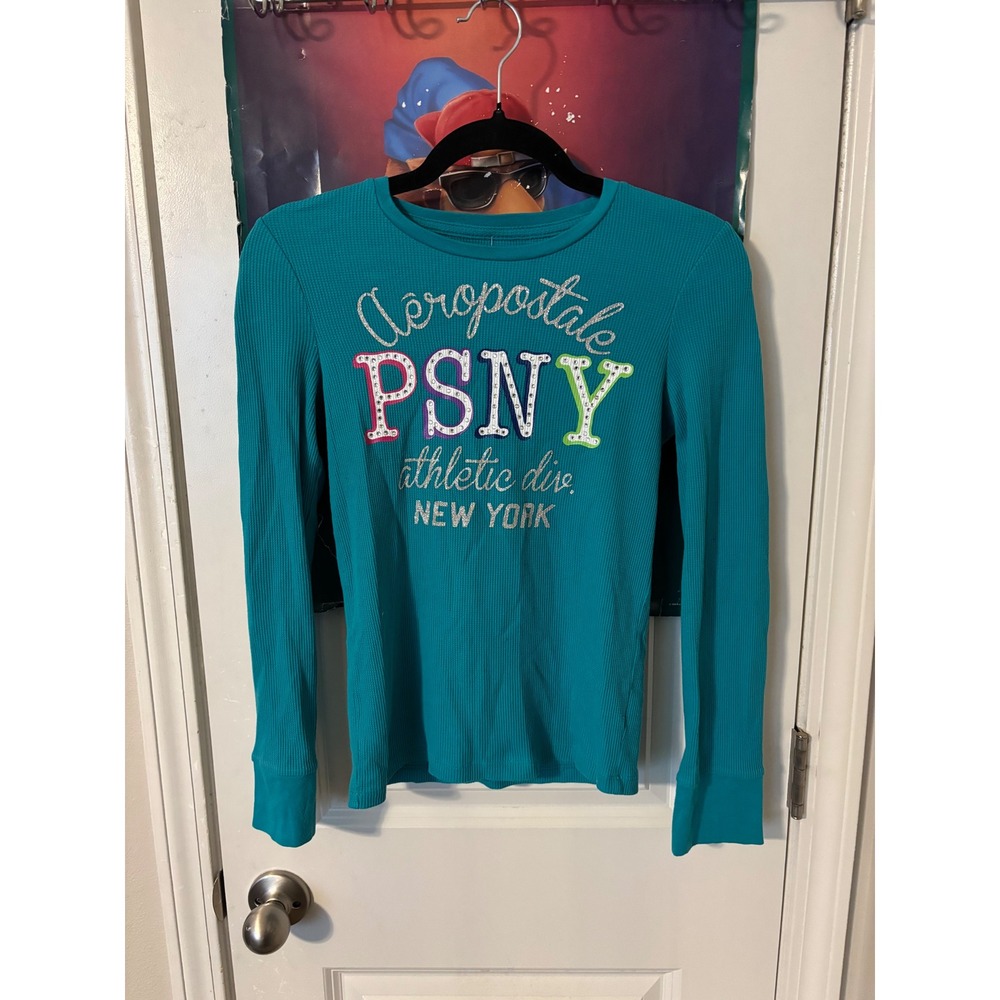 Aeropostale PSNY Girls Teal Waffle Knit Thermal Long Sleeve Graphic y2k Size 12